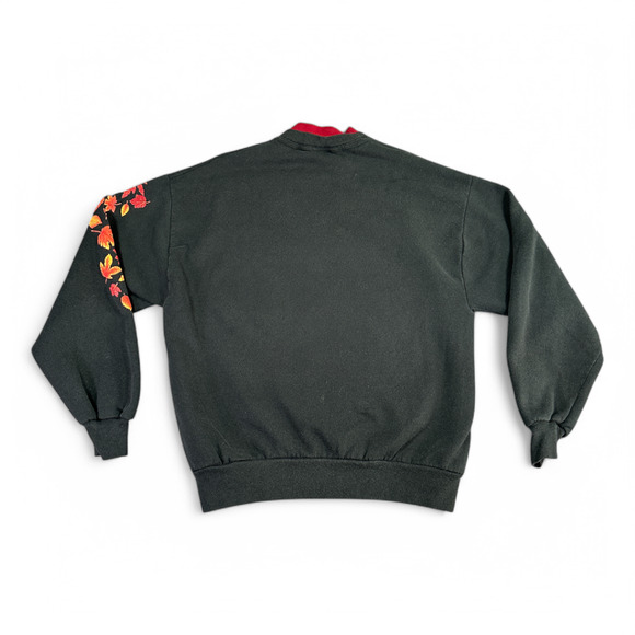 Vintage Autumn Leaves Sweater Adult MEDIUM Black Sweatshirt Double Collar 90s - Picture 3 of 8